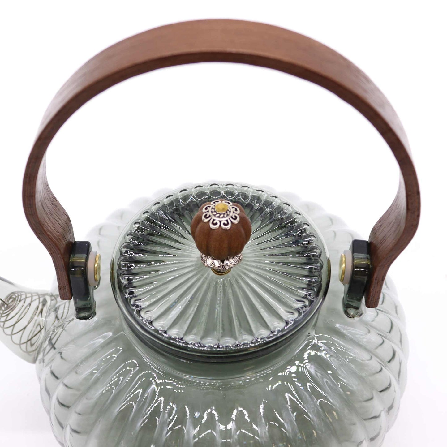 Alt Tag: Glass Infuser Teapot – Charcoal Ribbed Pearl – 950 ML ribbed glass teapot with pearl-style lid knob and wooden handle