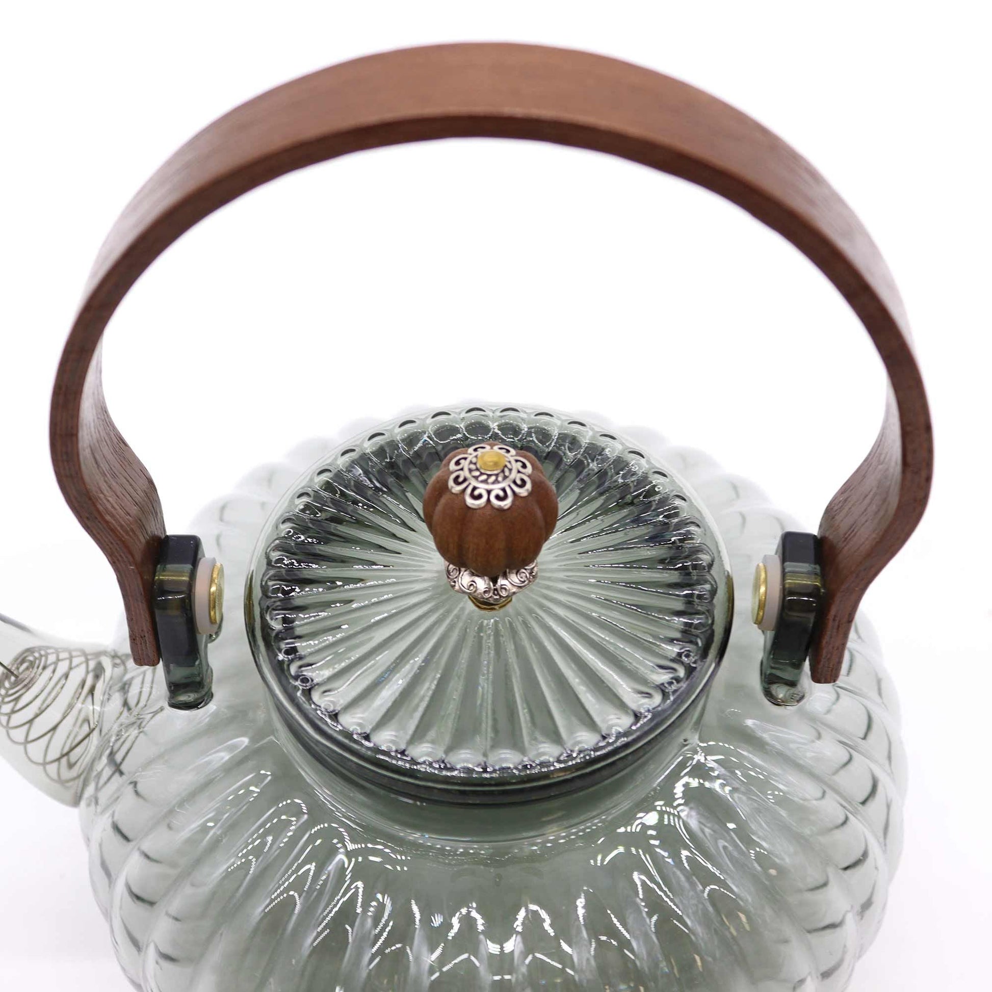 Alt Tag: Glass Infuser Teapot – Charcoal Ribbed Pearl – 950 ML ribbed glass teapot with pearl-style lid knob and wooden handle