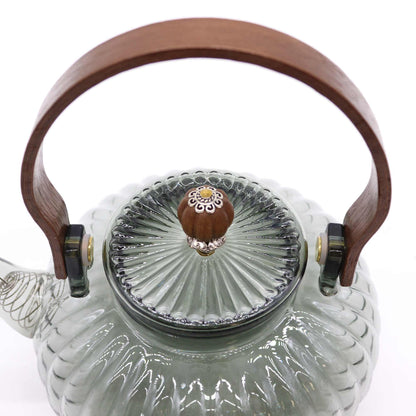 Alt Tag: Glass Infuser Teapot – Charcoal Ribbed Pearl – 950 ML ribbed glass teapot with pearl-style lid knob and wooden handle