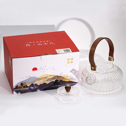 Glass Infuser Teapot – Clear Ribbed Pearl – 850 ML, ribbed clear glass teapot with pearl-style handle and lid, shown with gift box