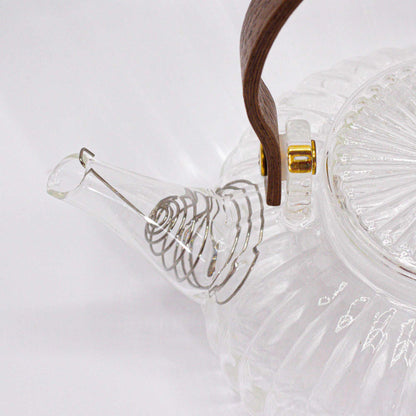 Alt Tag: Glass Infuser Teapot – Clear Ribbed Pearl – 850 ML close-up of ribbed borosilicate glass body, metal infuser coil and spout