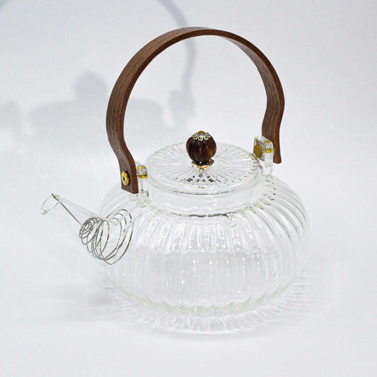 Tekanna i glas med infuser – Clear Ribbed Pearl – tekanna i klart räfflat borosilikatglas på 850 ml med pärlformad detalj på locket och infuser