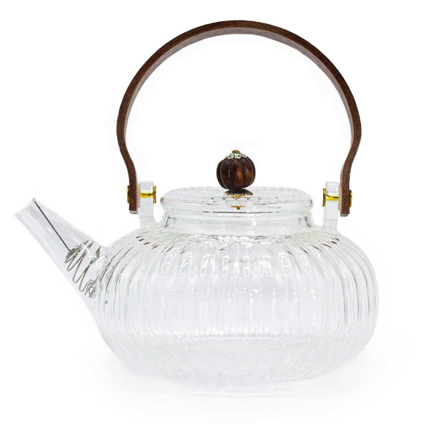 Alt Tag: Glass Infuser Teapot – Clear Ribbed Pearl – 850 ML, teapot de vidrio borosilicato transparente acanalado con asa y detalle tipo perla