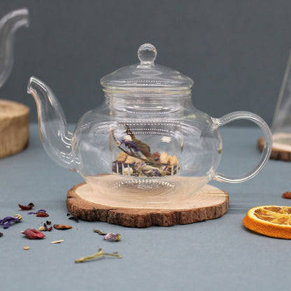 Alt Tag: Glass Infuser Teapot - Round Pearl - 400ml clear borosilicate glass teapot with removable fine-mesh infuser and pearl-style handle