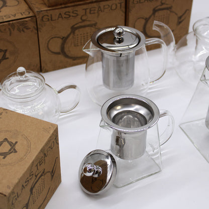 Glass Infuser Teapot – Round Pearl – 800 ML borosilicate glass teapot with stainless steel infuser, lid and clear handle on display