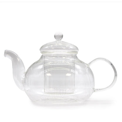 Glass Infuser Teapot – Round Pearl – 800 ML heat-resistant borosilicate glass teapot with round body, clear infuser, lid and handle