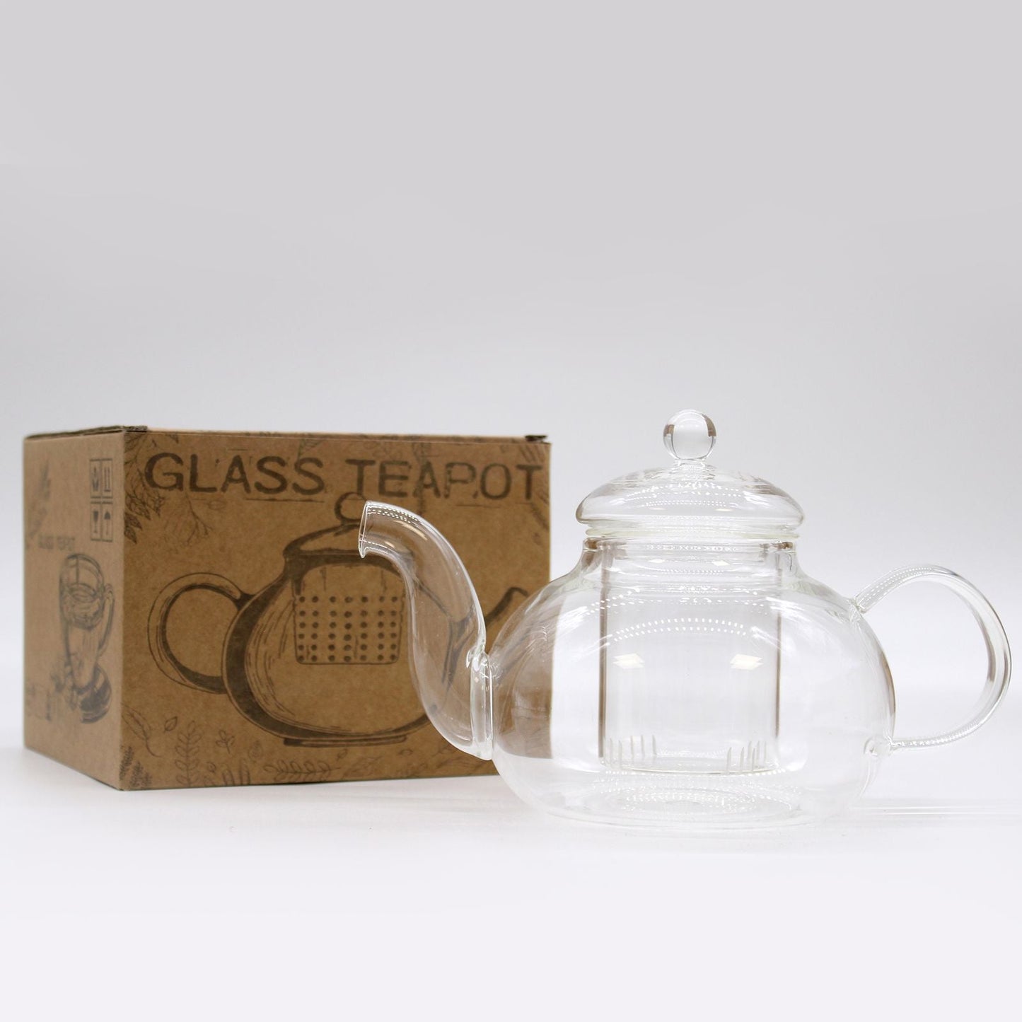 Alt Tag: Glass Infuser Teapot – Round Pearl – 800 ML borosilicate glass teapot with built-in infuser, round lid knob and handle, with box