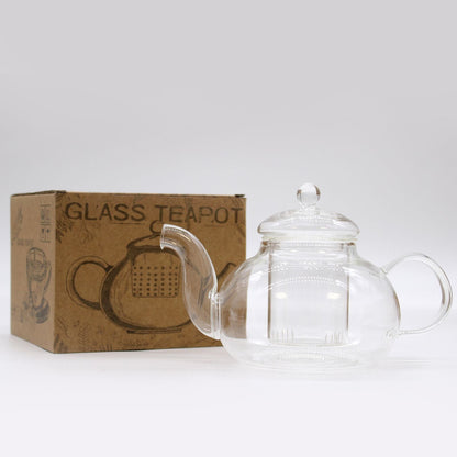Alt Tag: Glass Infuser Teapot – Round Pearl – 800 ML borosilicate glass teapot with built-in infuser, round lid knob and handle, with box
