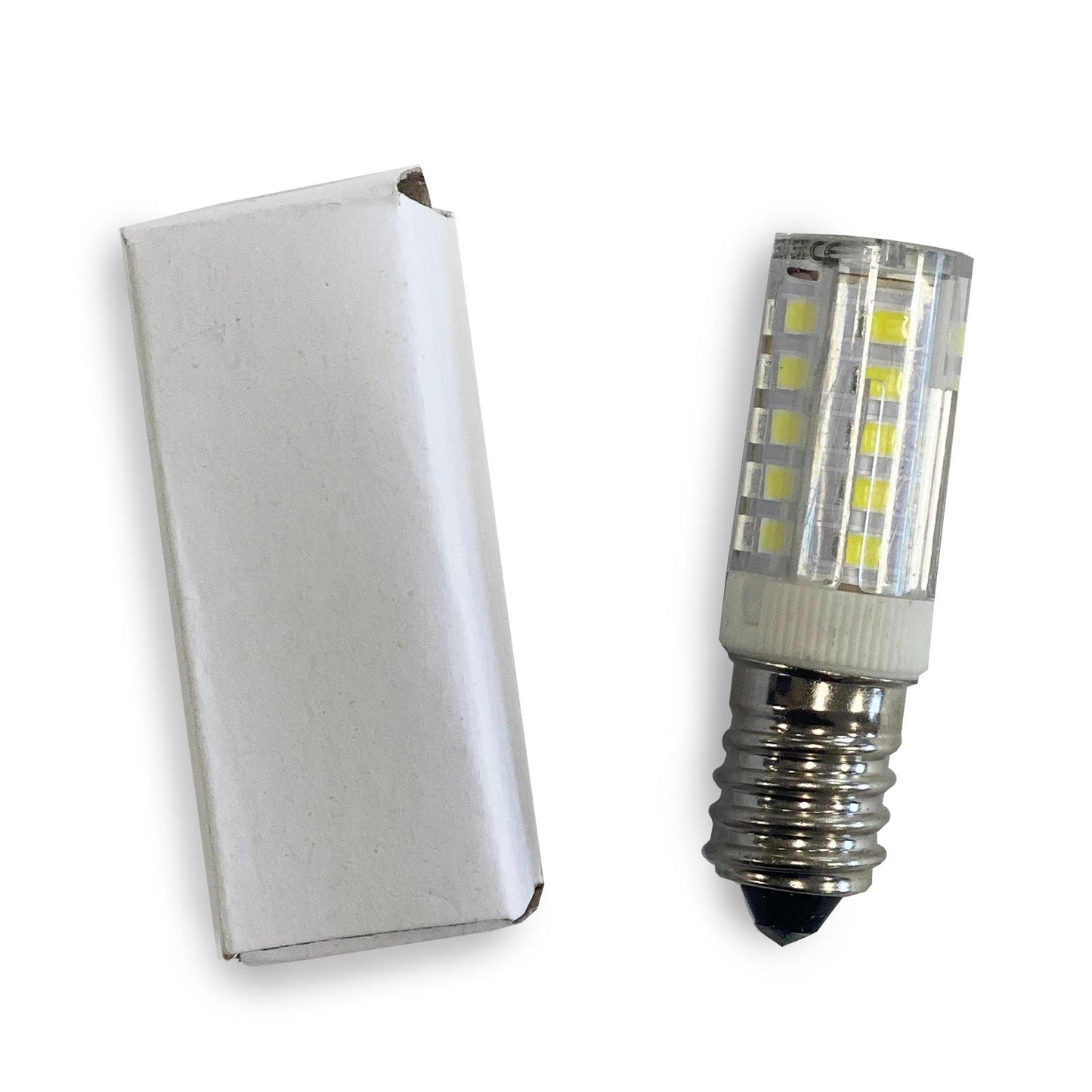 Glass LED Spare Bulb – 3W Warm White, E14 glass LED bulb with E14 screw base shown beside white box