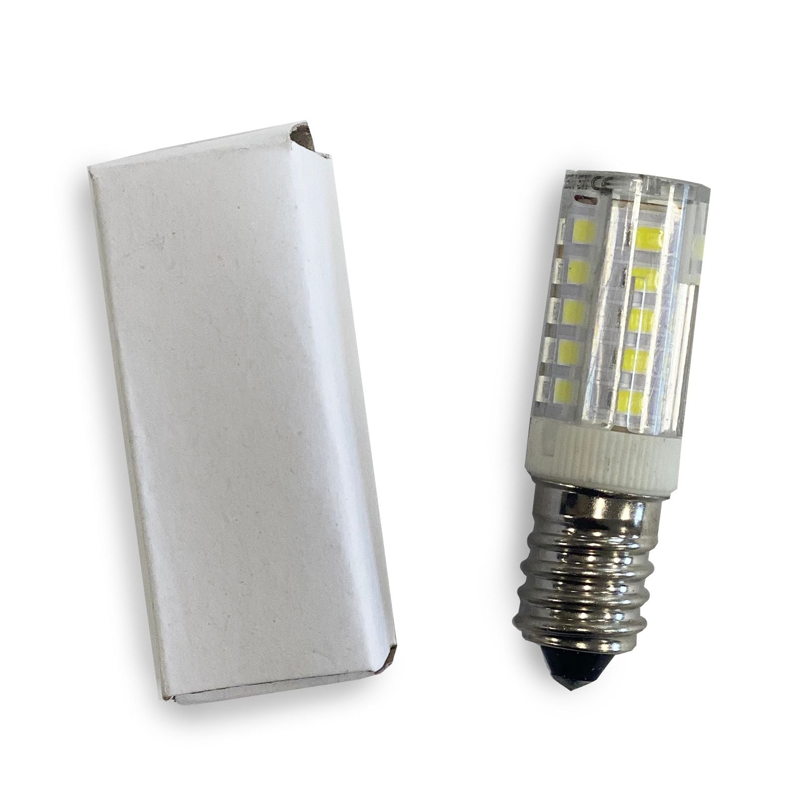 Glass LED Spare Bulb – 3W Warm White, E14 glass LED bulb with E14 screw base shown beside white box