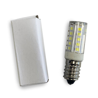 Glass LED Spare Bulb – 3W Warm White, E14 glass LED bulb with E14 screw base shown beside white box