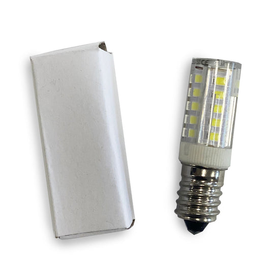 Glass LED Spare Bulb – 3W Warm White, E14 glass LED bulb with E14 screw base shown beside white box