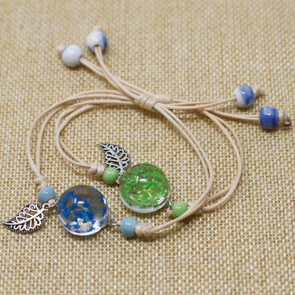 Glass Pressed Flowers Bracelet – 10x1.5x1 CM con cordón ajustable, cuentas y dijes de hoja, detalle de flores prensadas en vidrio