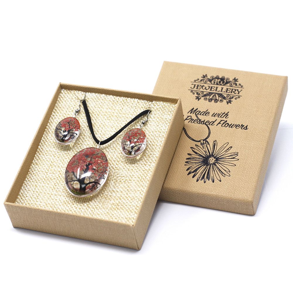 Alt Tag: Glass Pressed Flowers Jewellery – Tree of Life Coral set with pendant and earrings in gift box, made with pressed flowers
