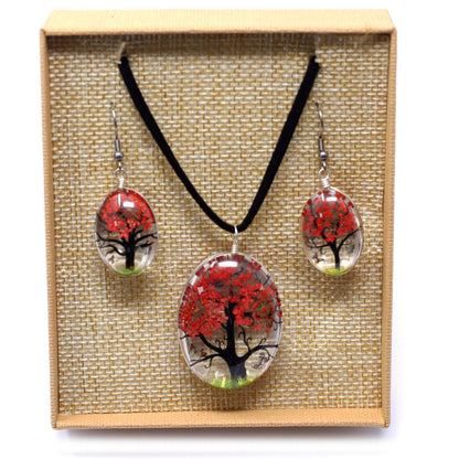 Glass Pressed Flowers Jewellery – Tree of Life Coral set, glass pendant necklace and matching earrings with red tree design