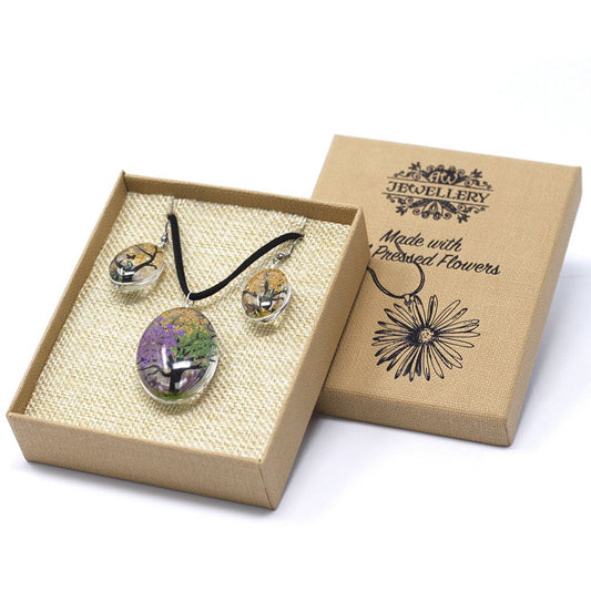 Alt Tag: Glass Pressed Flowers Jewellery – Tree of Life Set in gift box, glass pendant necklace and matching earrings with mixed-color pressed flowers