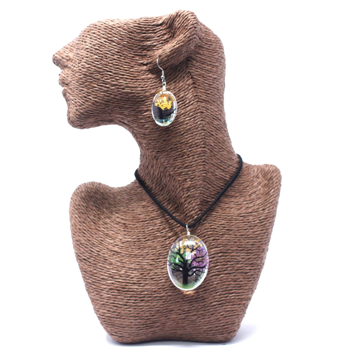 Alt Tag: Glass Pressed Flowers Jewellery – Tree of Life Set necklace and earrings with real pressed flowers in oval glass pendants