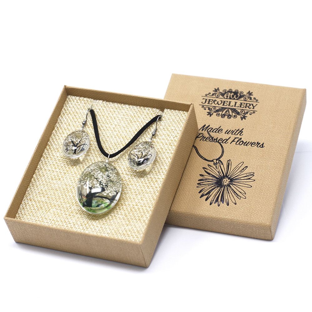 Alt Tag: Glass Pressed Flowers Jewelry – Tree of Life (White) set with glass pendant and matching earrings in gift box