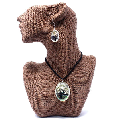 Glass Pressed Flowers Jewelry – Tree of Life (White) set: collar y aretes con flores reales prensadas en vidrio, colgante ovalado