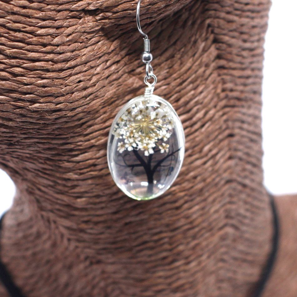 Glass Pressed Flowers Jewelry – Tree of Life (White) earring with real pressed flowers in glass pendant, Tree of Life design