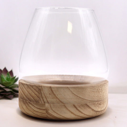 Alt Tag: Glass Terrarium – Natural Tung Wood 17x19 CM, clear glass dome planter on natural tung wood base
