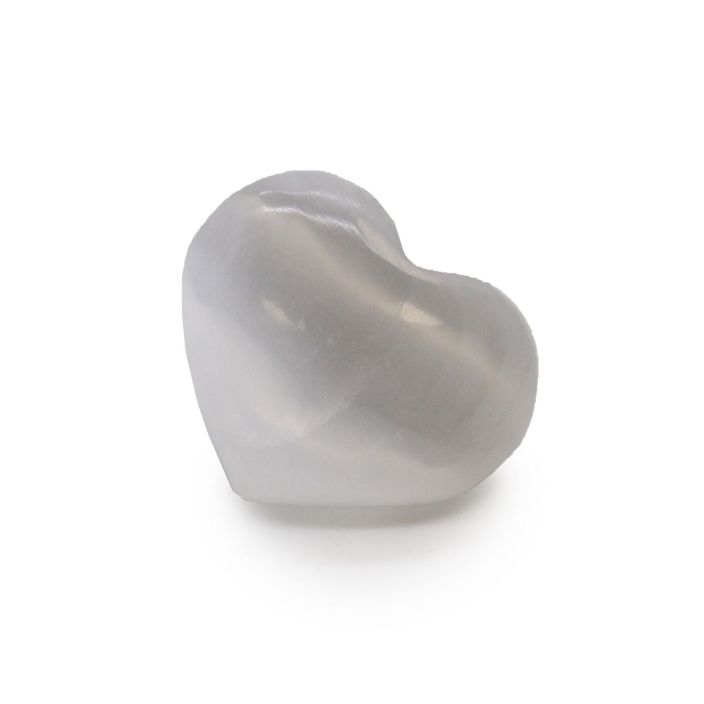 Alt Tag: Glowing Selenite Heart – 3-4 CM heart-shaped selenite crystal from Morocco, smooth polished stone on white background