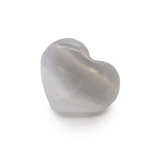 Alt Tag: Glowing Selenite Heart – 3-4 CM heart-shaped selenite crystal from Morocco, smooth polished stone on white background