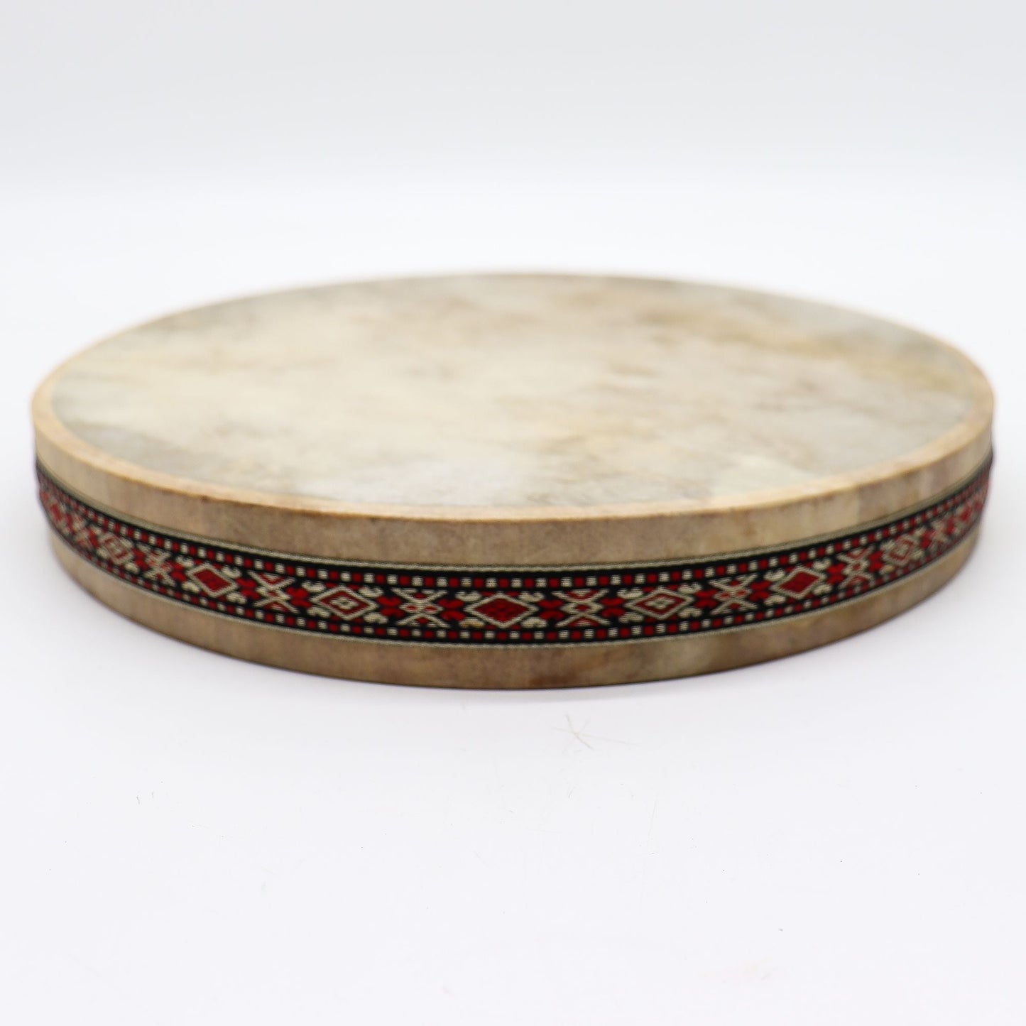 Alt Tag: Goatskin Harmonizing Ocean Drum – 30 CM goatskin frame drum with natural skin head and patterned rim, 30 cm diameter