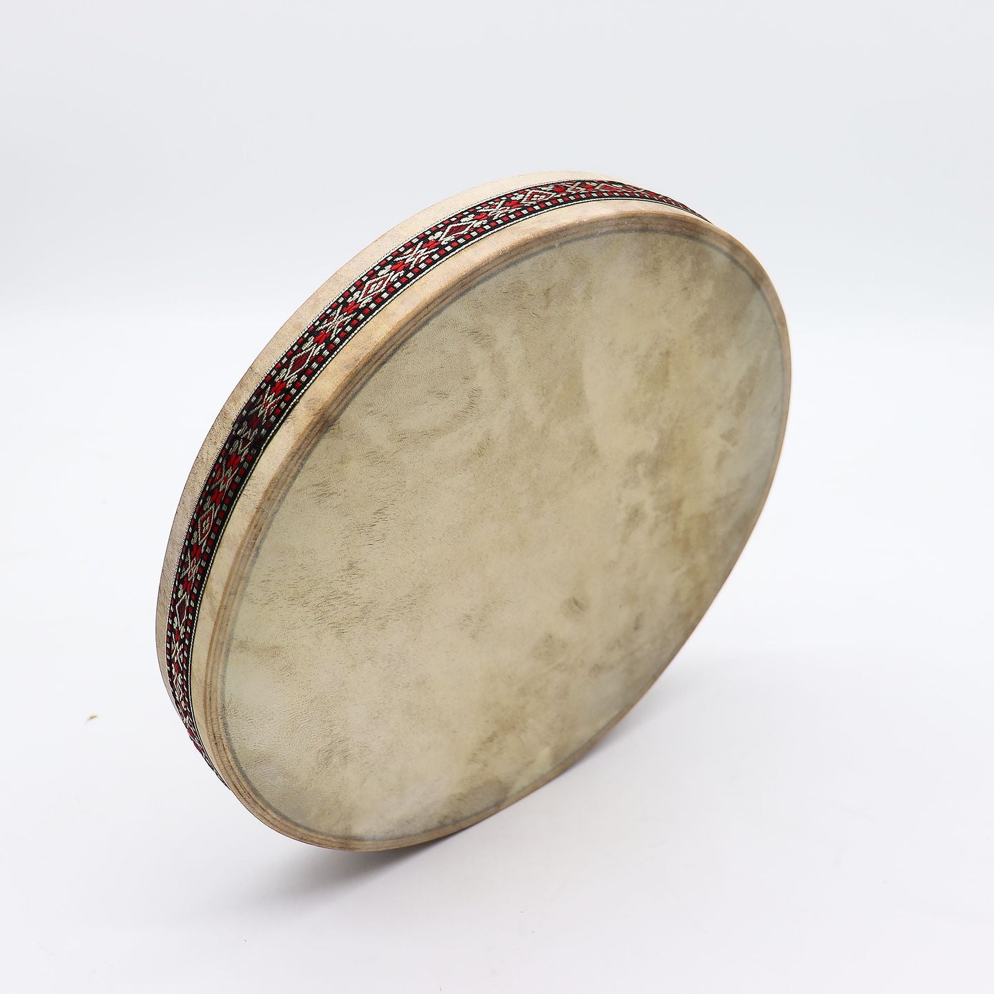 Alt Tag: Goatskin Harmonizing Ocean Drum – 30 CM, tambor oceánico de piel de cabra con aro decorativo, vista lateral sobre fondo blanco