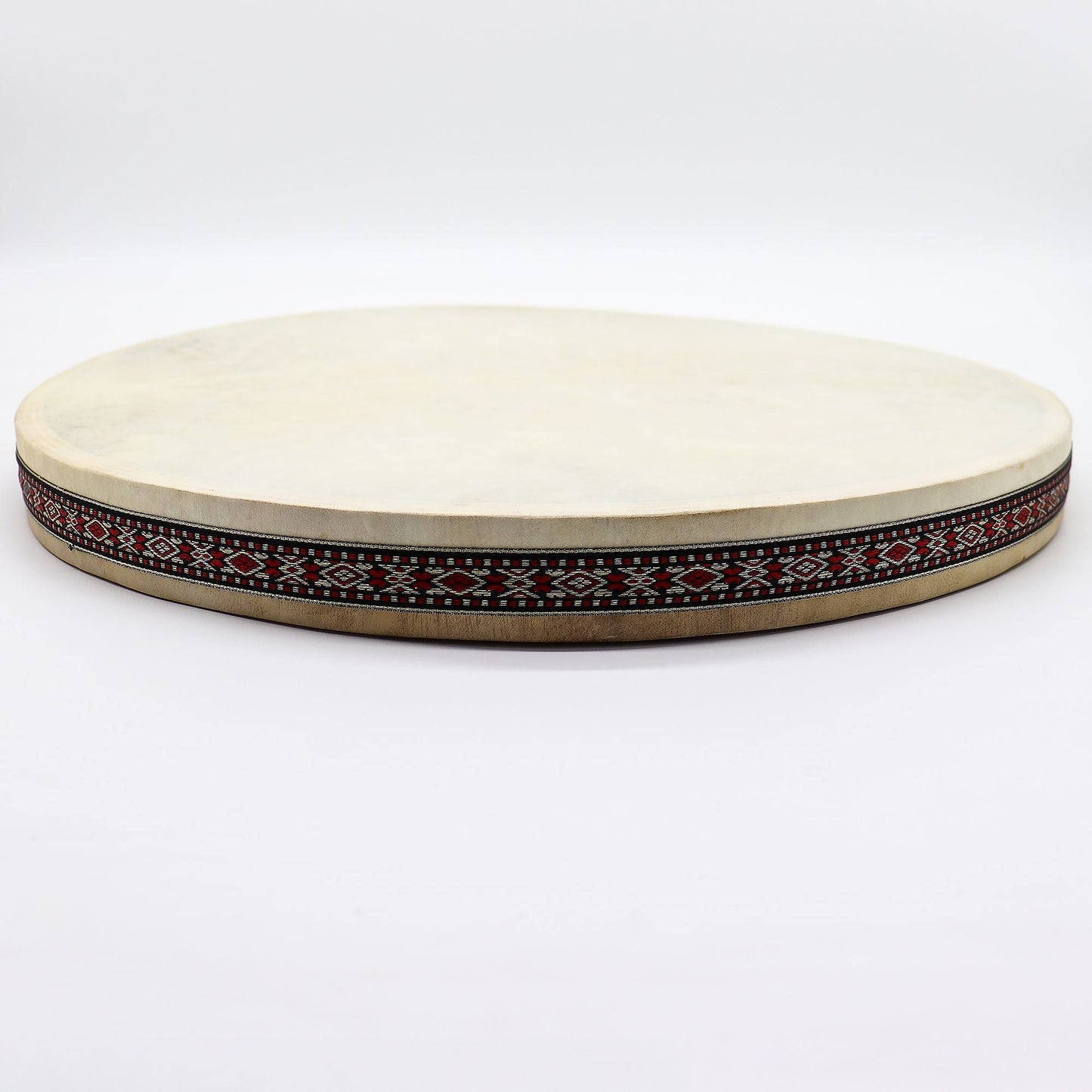 Goatskin Ocean Drum – 45CM Sound Harmonizer, tambor oceánico de piel de cabra 45 cm con borde decorativo, vista lateral