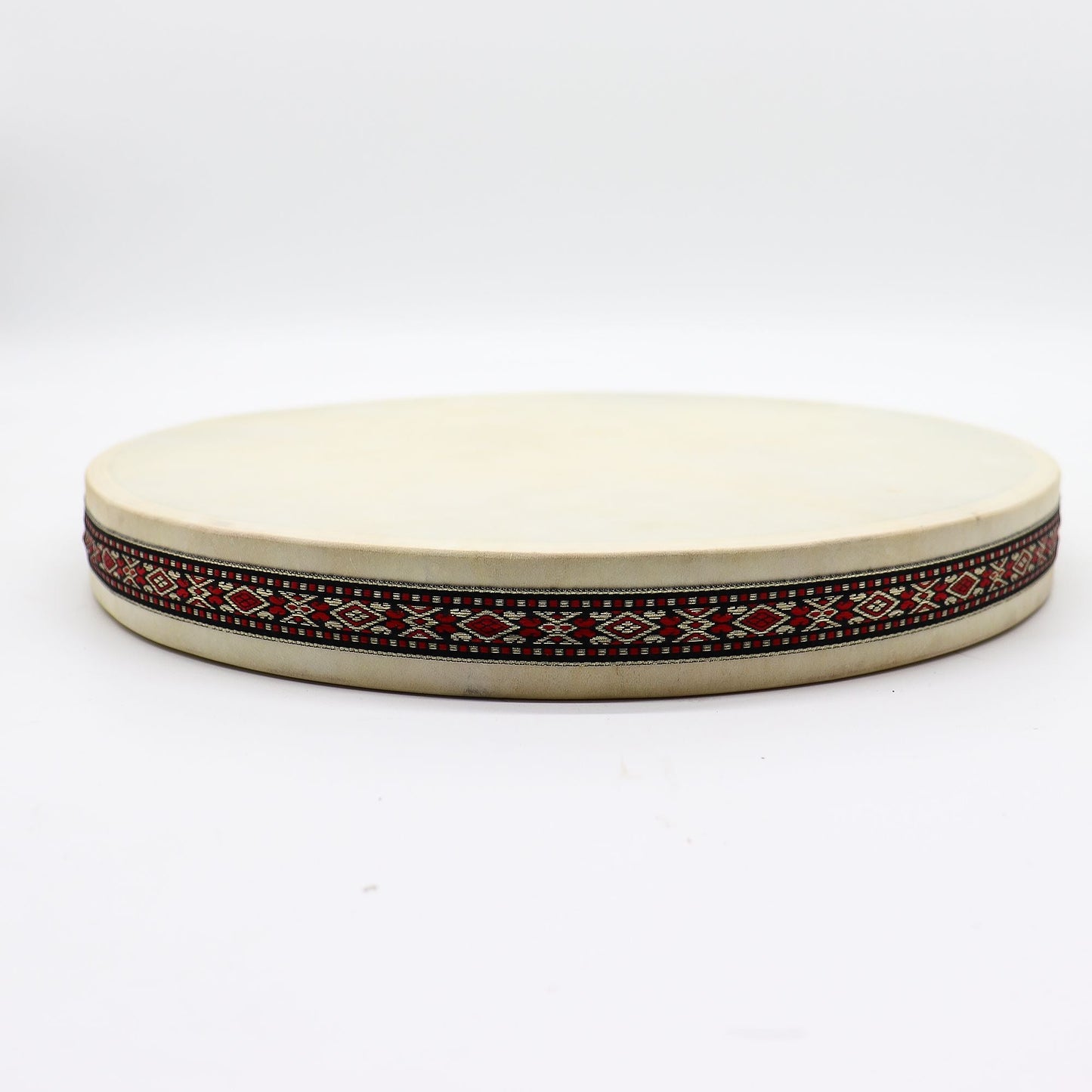 Goatskin Shamanic Ocean Drum – 35CM handmade frame drum with natural goatskin head and woven patterned rim on white background
