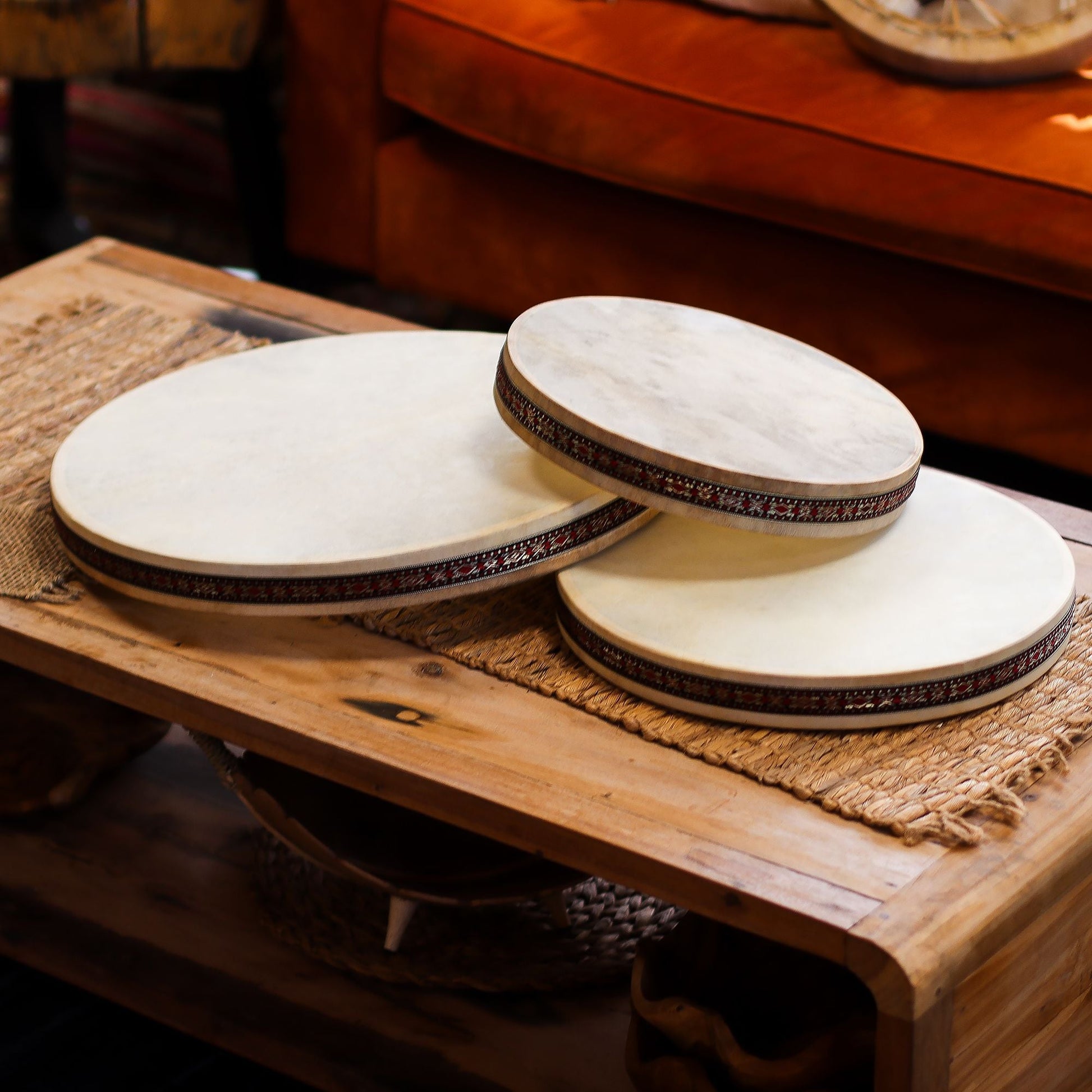 Alt Tag: Goatskin Shamanic Ocean Drum – 35CM hand-crafted frame drum with natural goatskin head, 35 cm, on wooden table