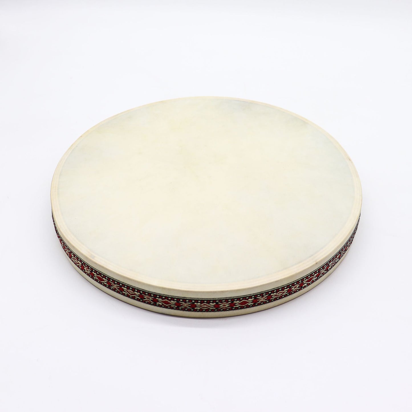 Goatskin Shamanic Ocean Drum – 35CM hand-crafted frame drum with natural goatskin head and decorative rim, top view on white background