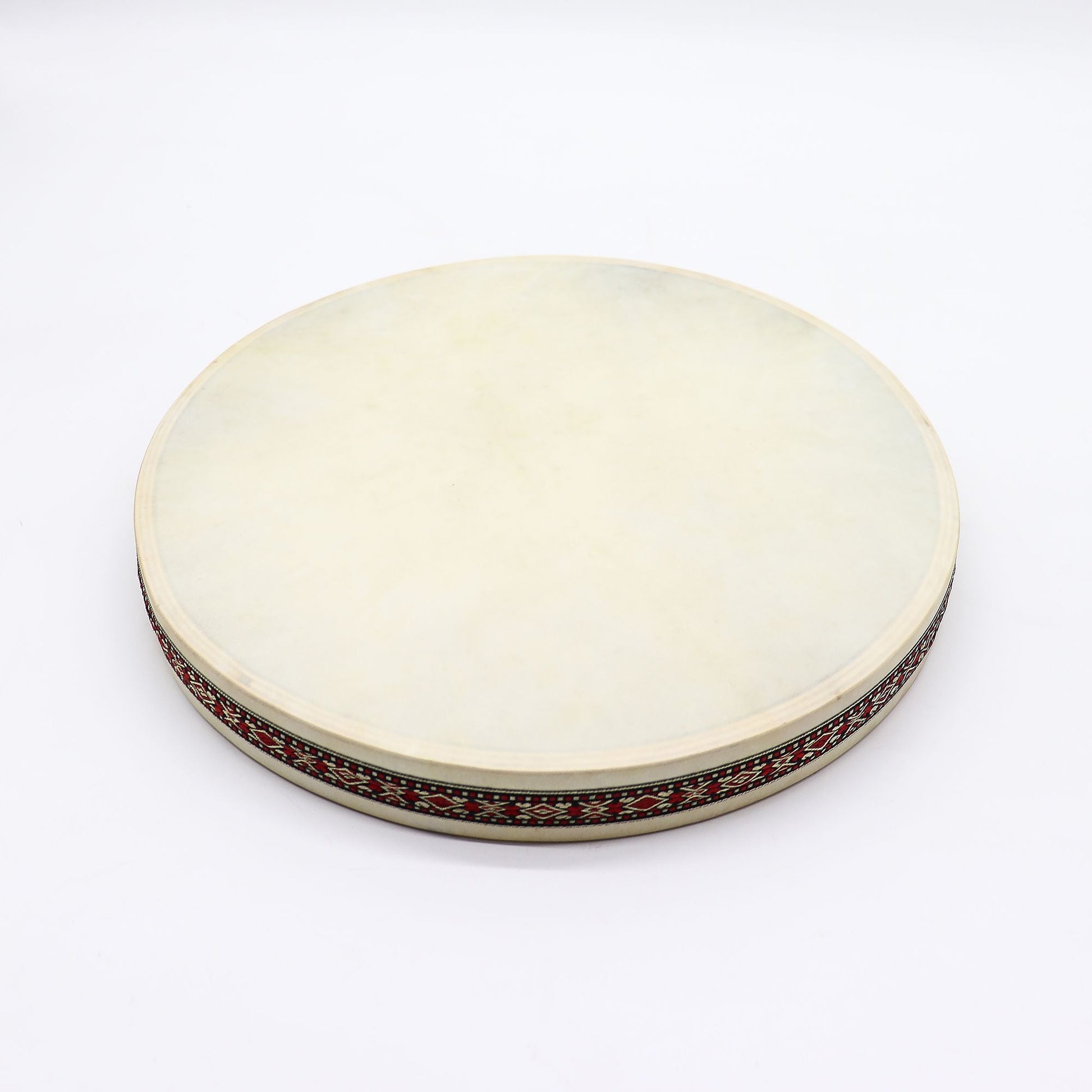 Goatskin Shamanic Ocean Drum – 35CM hand-crafted frame drum with natural goatskin head and decorative rim, top view on white background