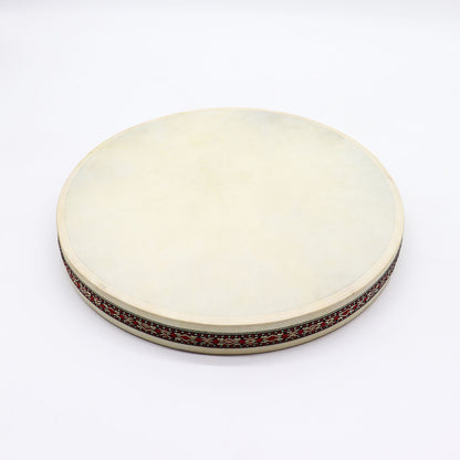 Goatskin Shamanic Ocean Drum – 35CM hand-crafted frame drum with natural goatskin head and decorative rim, top view on white background
