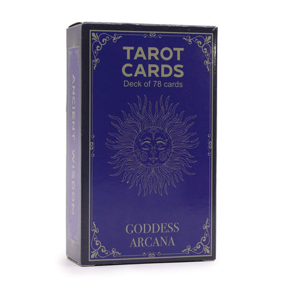 Divine Goddess Arcana Tarot Cards – 12x7x4 CM caja azul de tarot cards con diseño dorado y texto “Goddess Arcana”, deck de 78 cartas