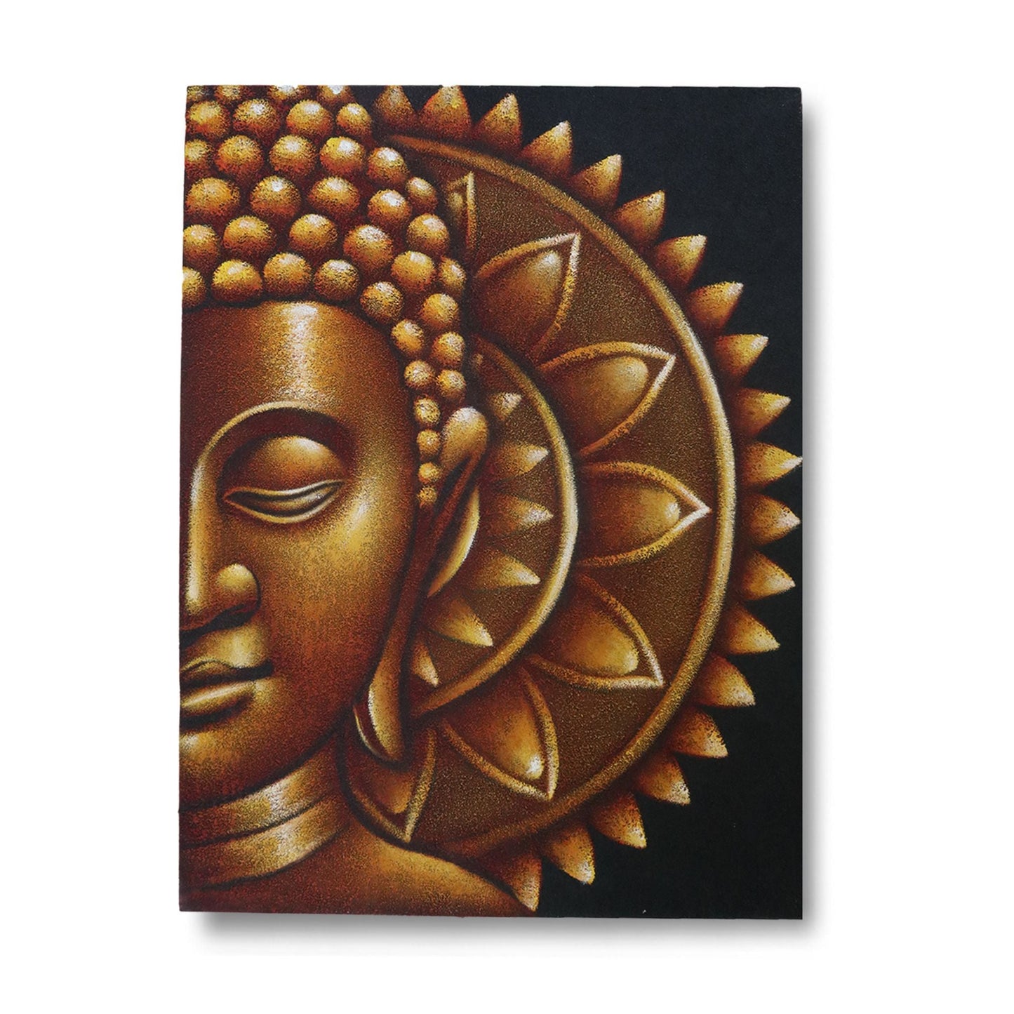 Alt-Tag: Gold Buddha Mandala Canvas – 60x80 CM, Leinwand mit goldenem Buddha-Gesicht und kreisförmigem Mandala in Gold- und Schwarztönen