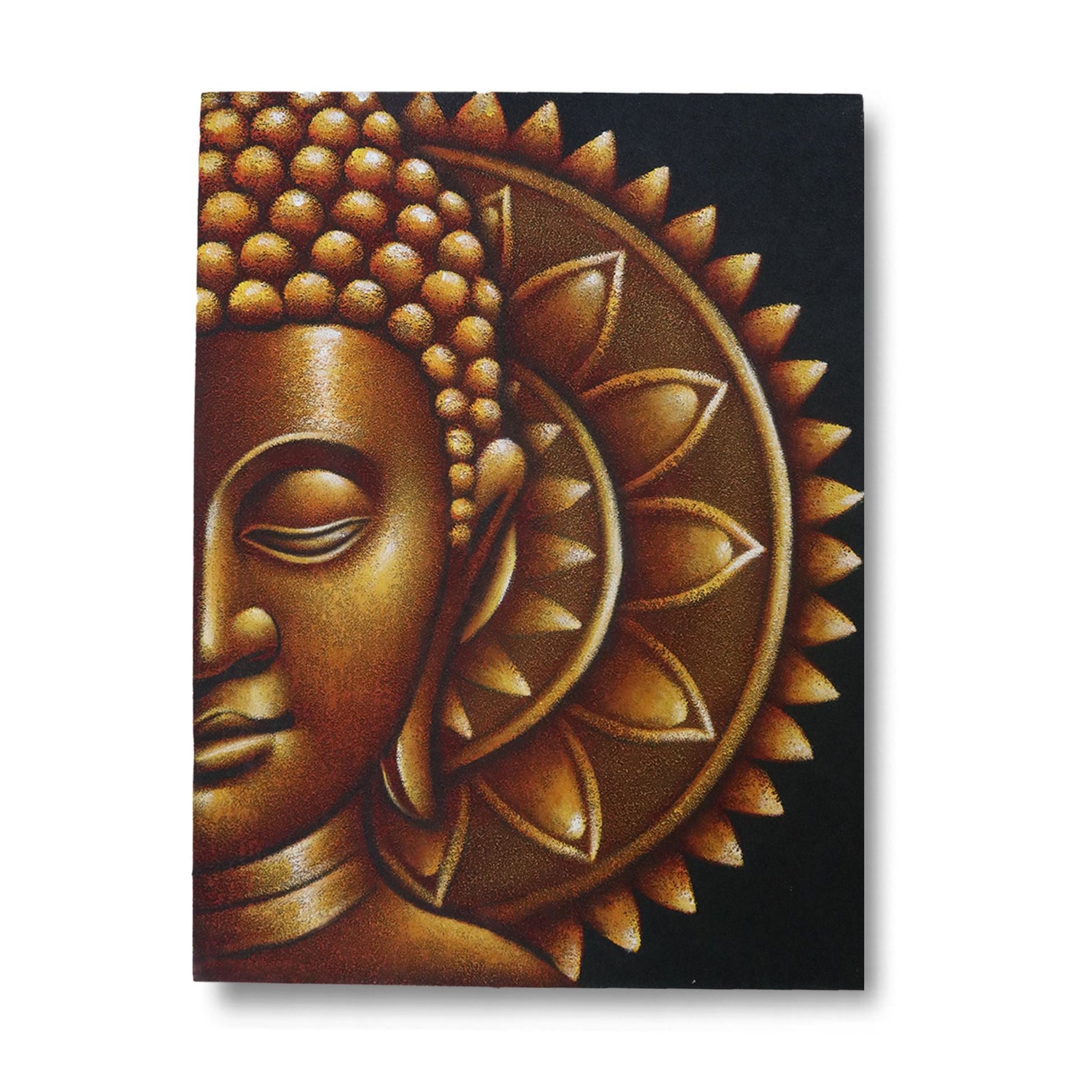 Alt-Tag: Gold Buddha Mandala Canvas – 60x80 CM, Leinwand mit goldenem Buddha-Gesicht und kreisförmigem Mandala in Gold- und Schwarztönen