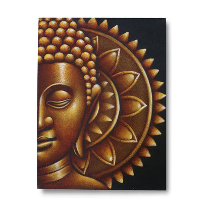 Alt-Tag: Gold Buddha Mandala Canvas – 60x80 CM, Leinwand mit goldenem Buddha-Gesicht und kreisförmigem Mandala in Gold- und Schwarztönen