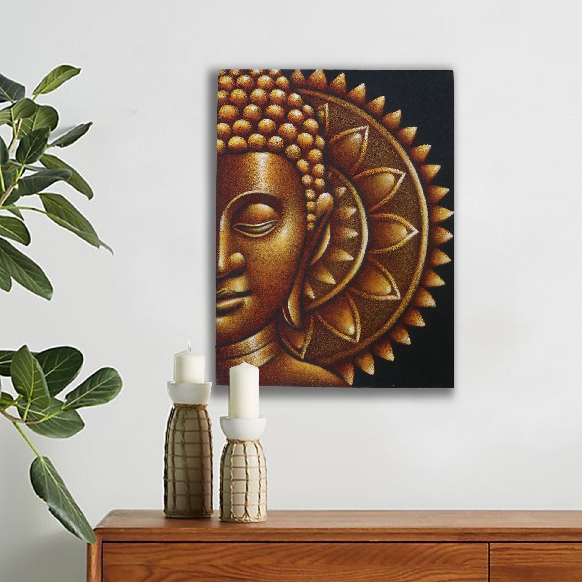 Alt Tag: Gold Buddha Mandala Canvas – 60x80 CM, Leinwandkunst mit goldenem Buddha-Gesicht und Mandala, Wanddekoration