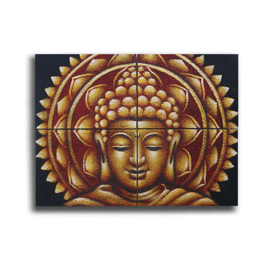 Gold Canvas Buddha Painting Set – 30x40CM x4, set de 4 lienzos con rostro de Buda dorado y mandala, arte balinés en marco de madera