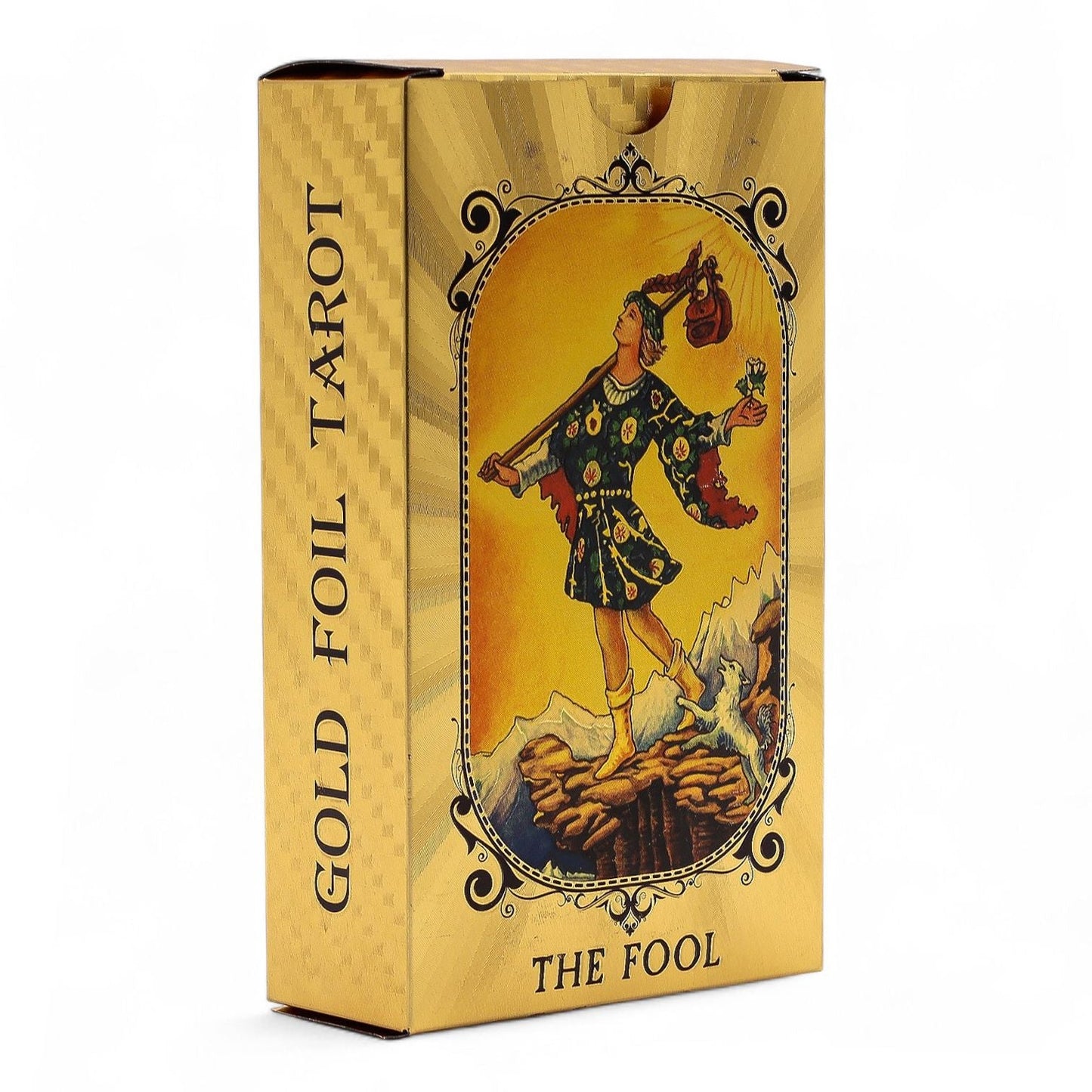 Blue & Gold Foil Tarot Card Set – All Seeing Eye (with Booklet), caja de tarot dorada con carta “The Fool” en la portada