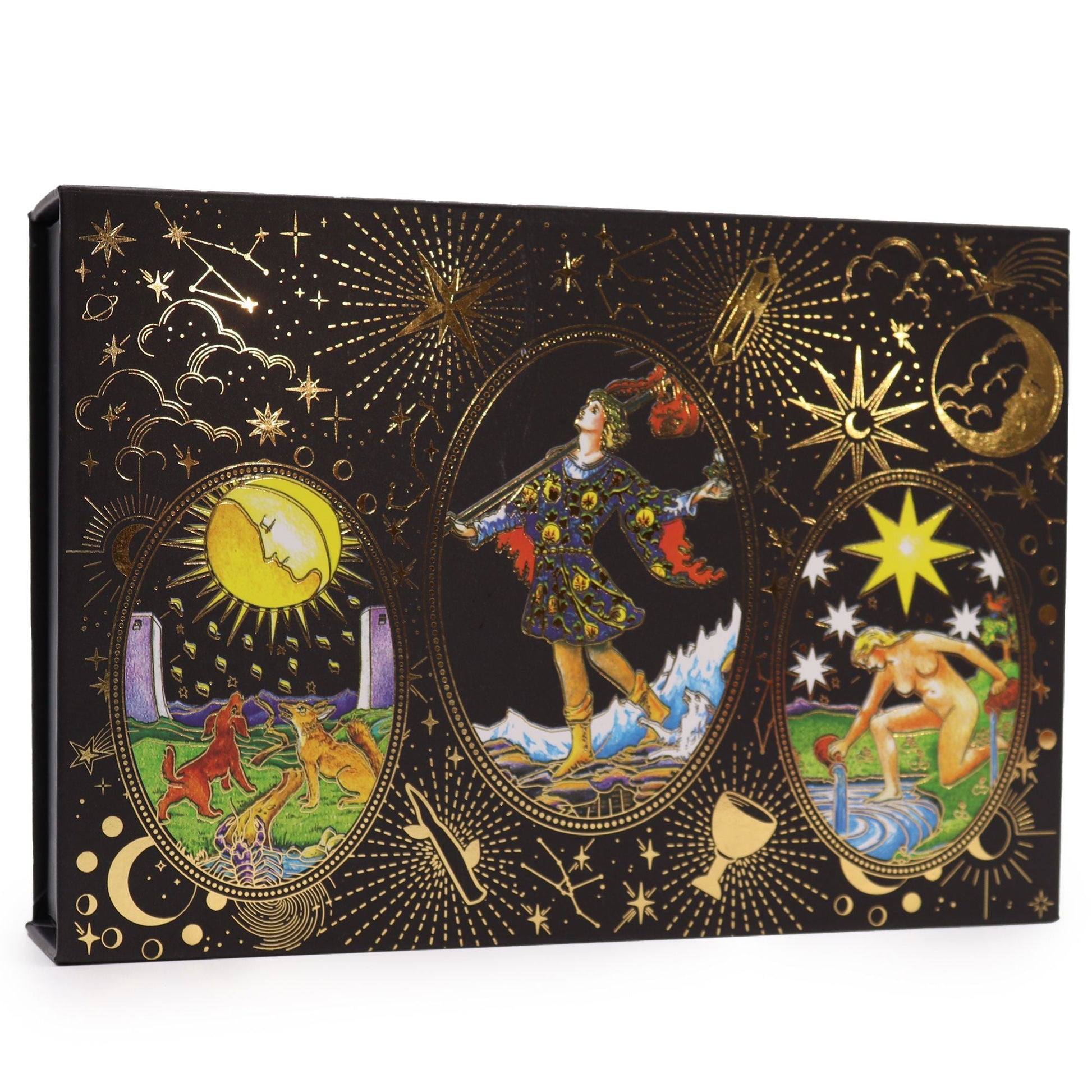 Gold Foil Tarot Gift Set – 13.5x8.5 CM, caja de tarot con ilustraciones místicas y detalles en lámina dorada sobre fondo negro