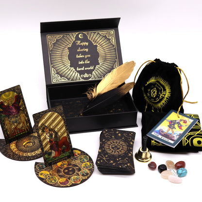Gold Foil Tarot Gift Set – 13.5x8.5 CM con mazo de 78 cartas, caja de regalo, bolsa de terciopelo, guía, pluma y accesorios místicos