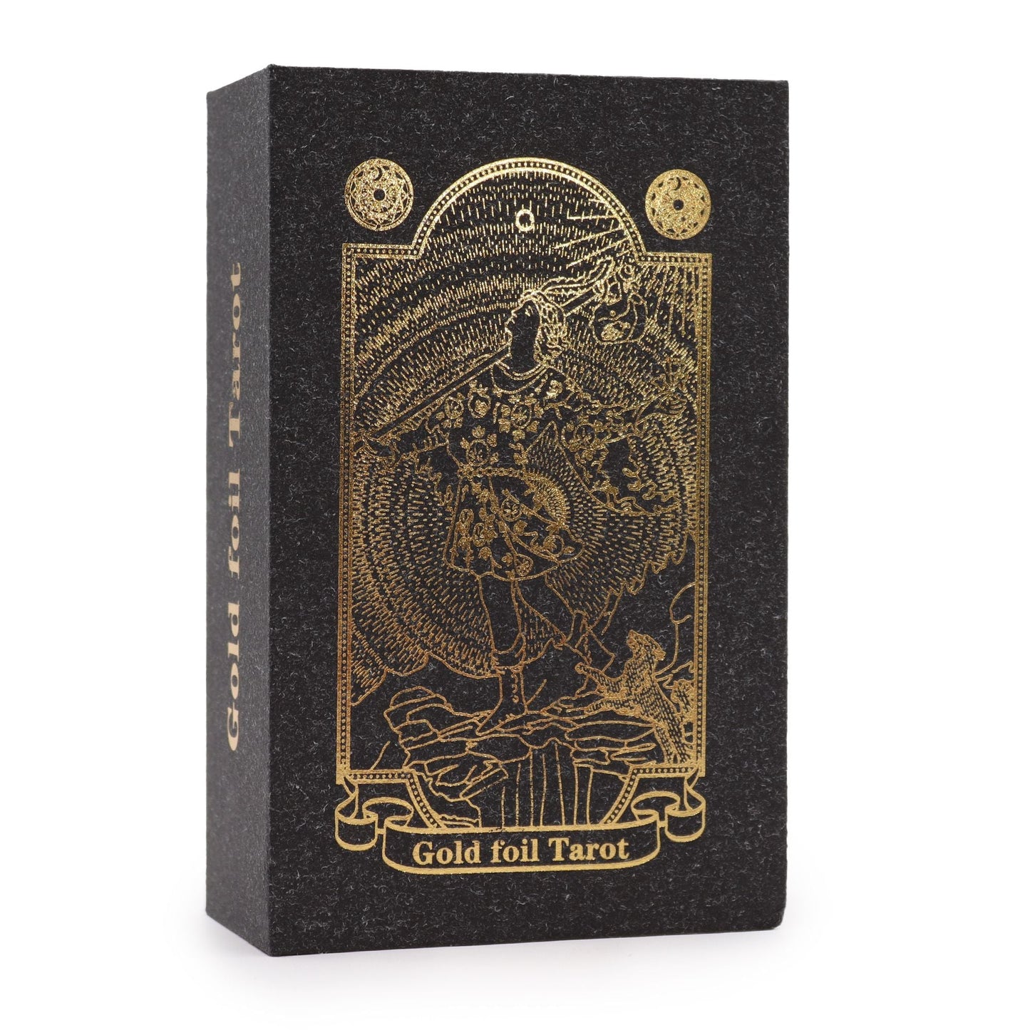 Alt-Tag: Tarot-Set in Goldfolie – Geschenkbox mit Buch, schwarze Geschenkbox mit metallischer Tarot-Illustration in Goldfolie auf der Vorderseite