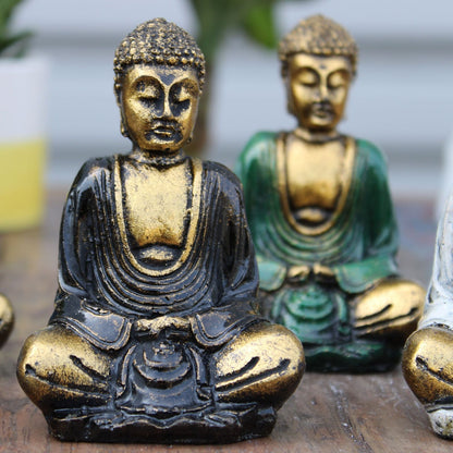 Alt Tag: Gold Resin Mini Buddha – Assorted Colours – 8x6x4 CM hand-painted gold resin Buddha figurines in assorted colours, seated decor