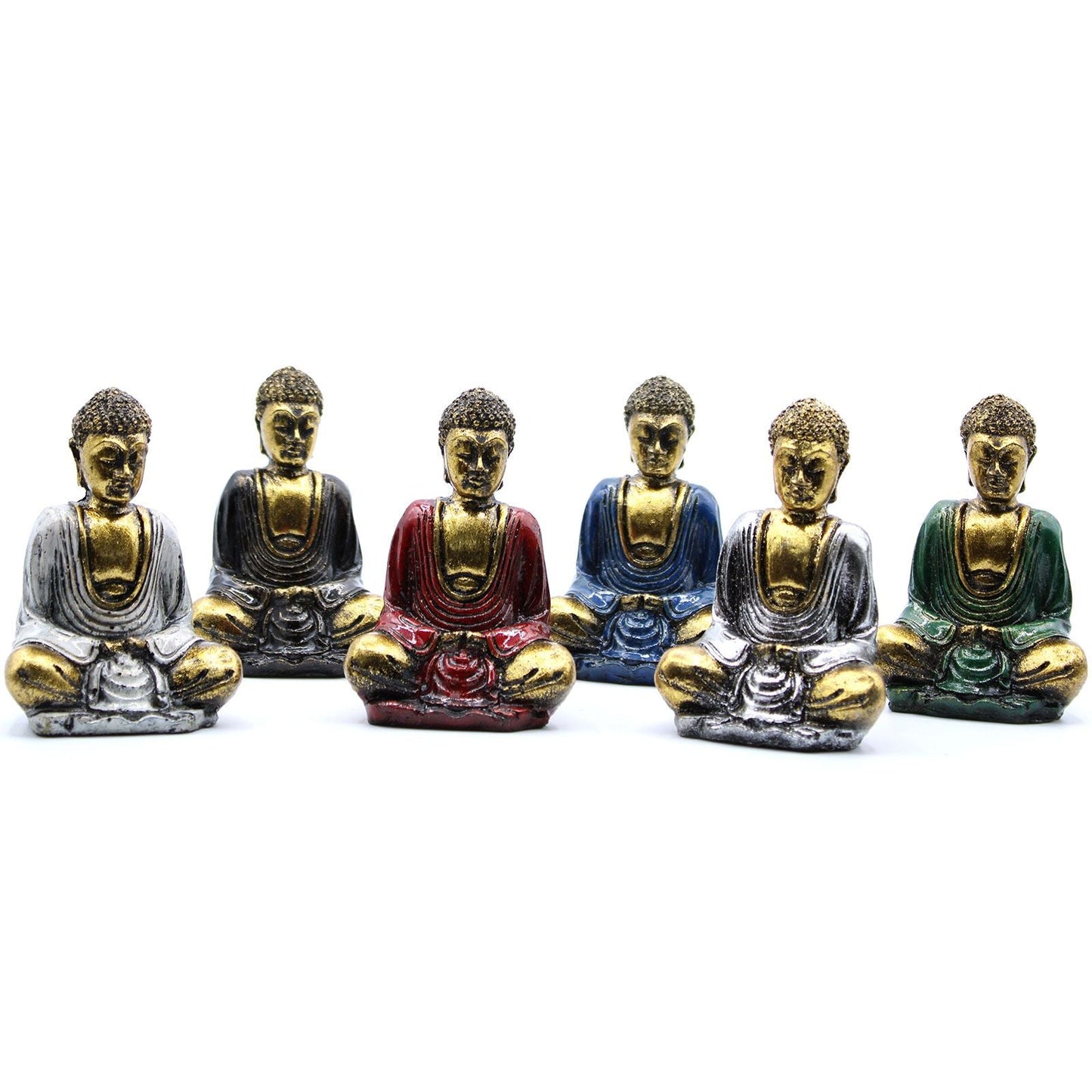 Gold Resin Mini Buddha – Assorted Colours – 8x6x4 CM hand-painted seated Buddha figurines in assorted colours, Bali artisan resin decor
