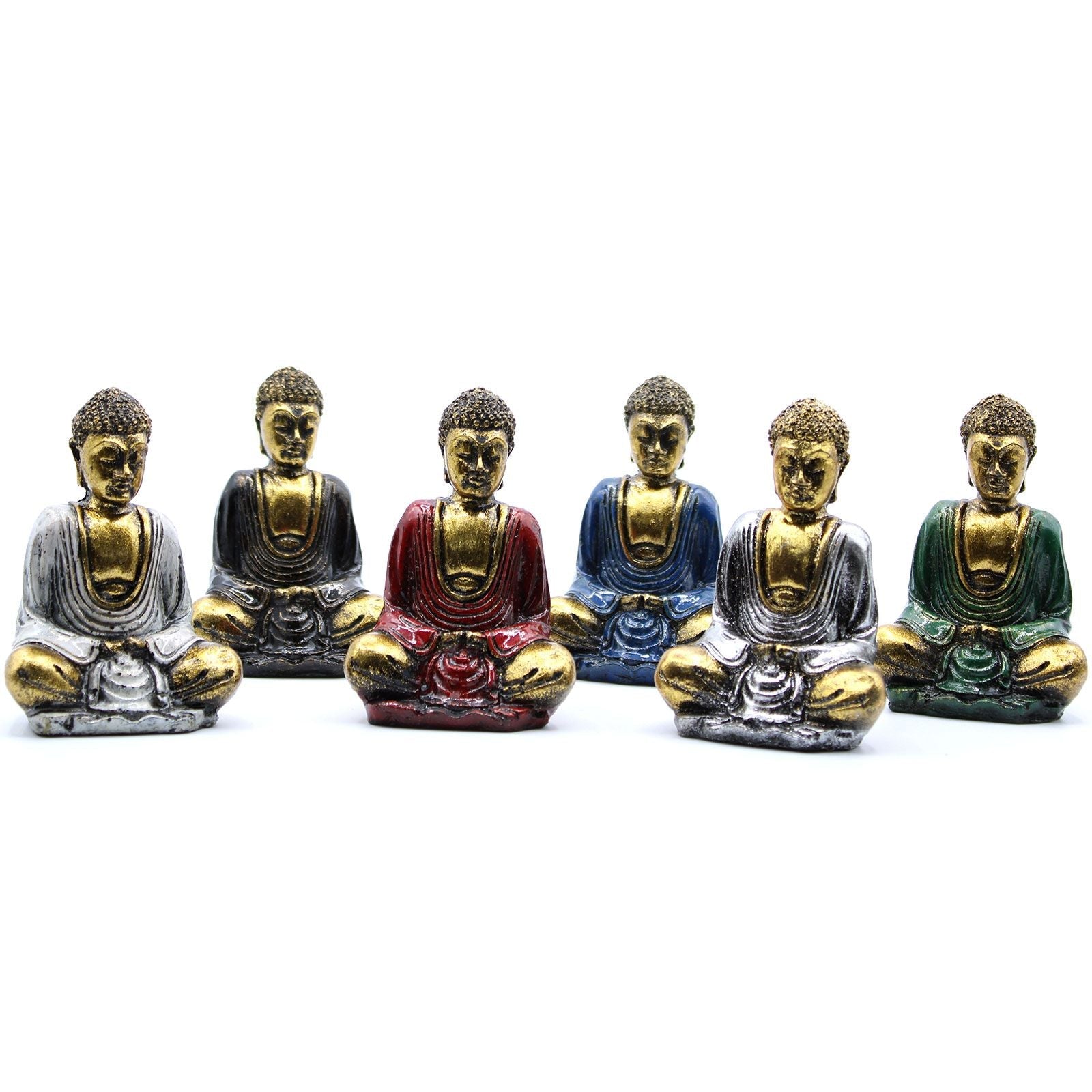 Gold Resin Mini Buddha – Assorted Colours – 8x6x4 CM hand-painted seated Buddha figurines in assorted colours, Bali artisan resin decor