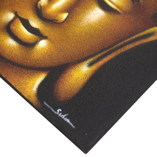 Alt Tag: Gold Sand Finish Buddha Painting – 80x60 CM, close-up of gold sand textured Buddha face on canvas with Durran wood frame corner