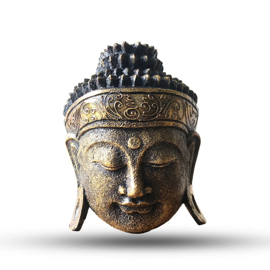 Alt-Tag: Gold Shine Buddha Head – 25CM Albasia-Holz, handgefertigte indonesische Buddha-Kopf-Skulptur mit Gold-Finish, Vorderansicht